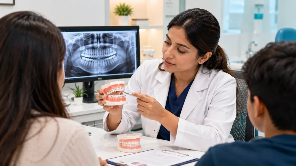 Orthodontist at City Smiles Dental Care explaining braces duration and treatment plan to a patient in South Kolkata
