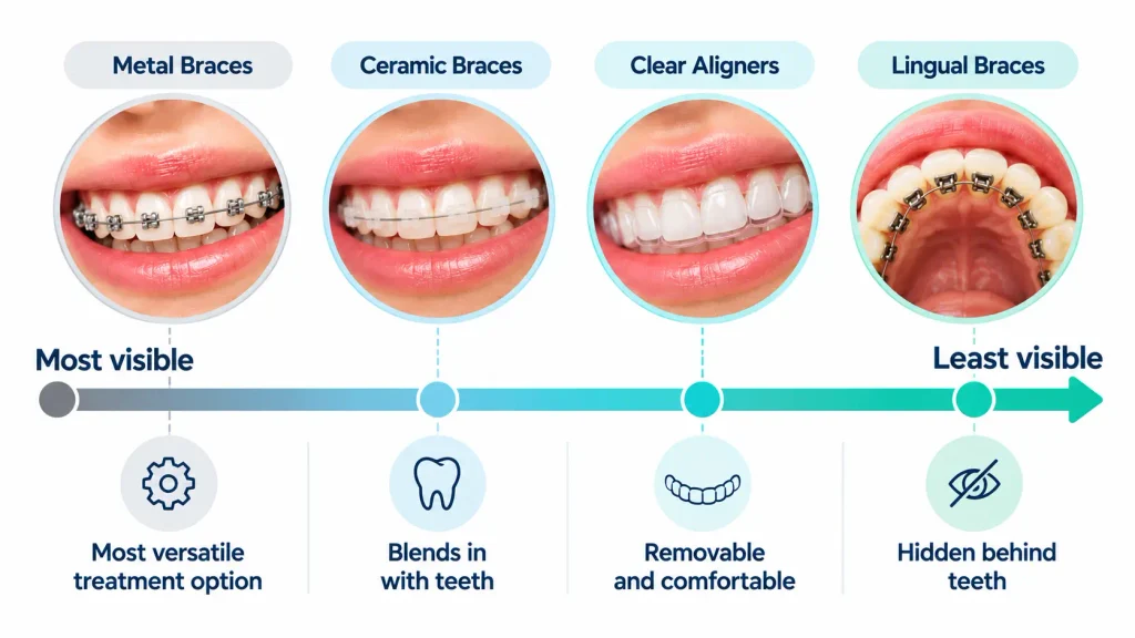 Visibility scale comparing metal braces, ceramic braces, clear aligners and lingual braces