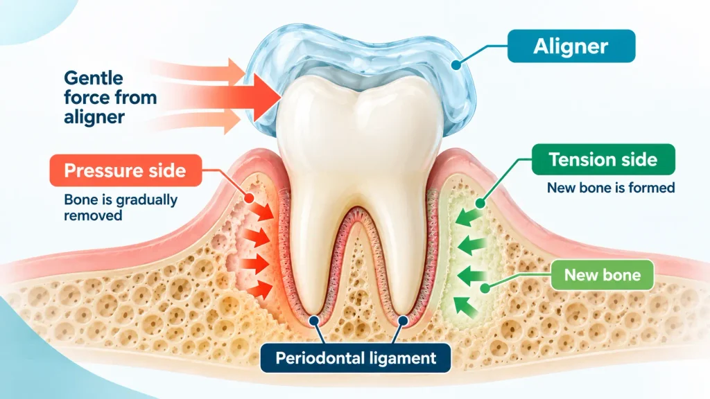 Aligner mechanics diagram showing how teeth move with clear aligners through bone remodelling