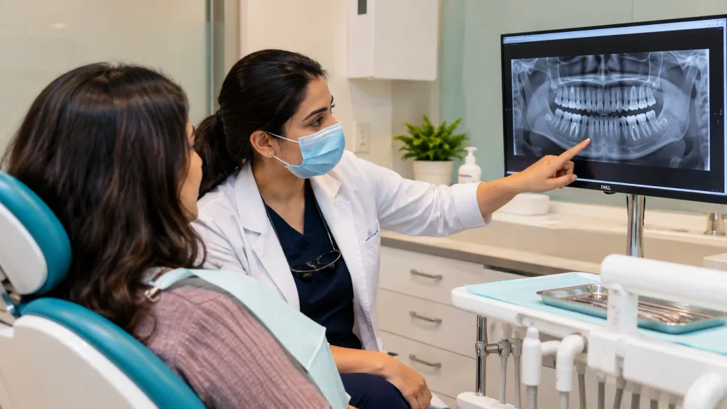 Orthodontist explaining a dental crowding treatment plan to a patient at City Smiles Dental Care, South Kolkata