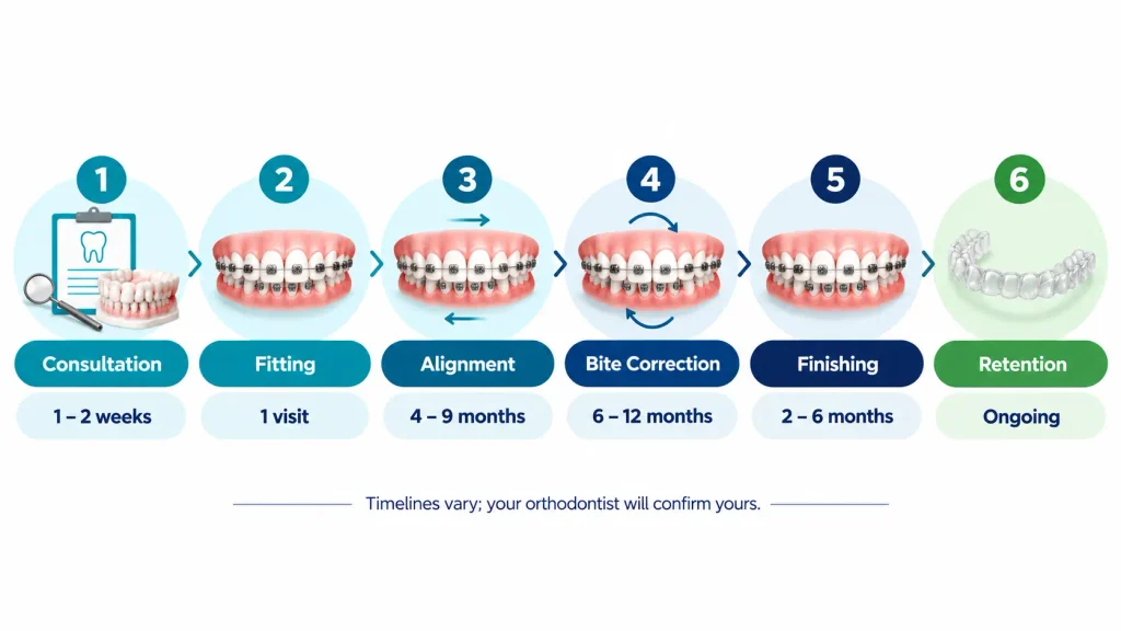 Orthodontic timeline infographic showing the five stages of braces treatment and the retention phase
