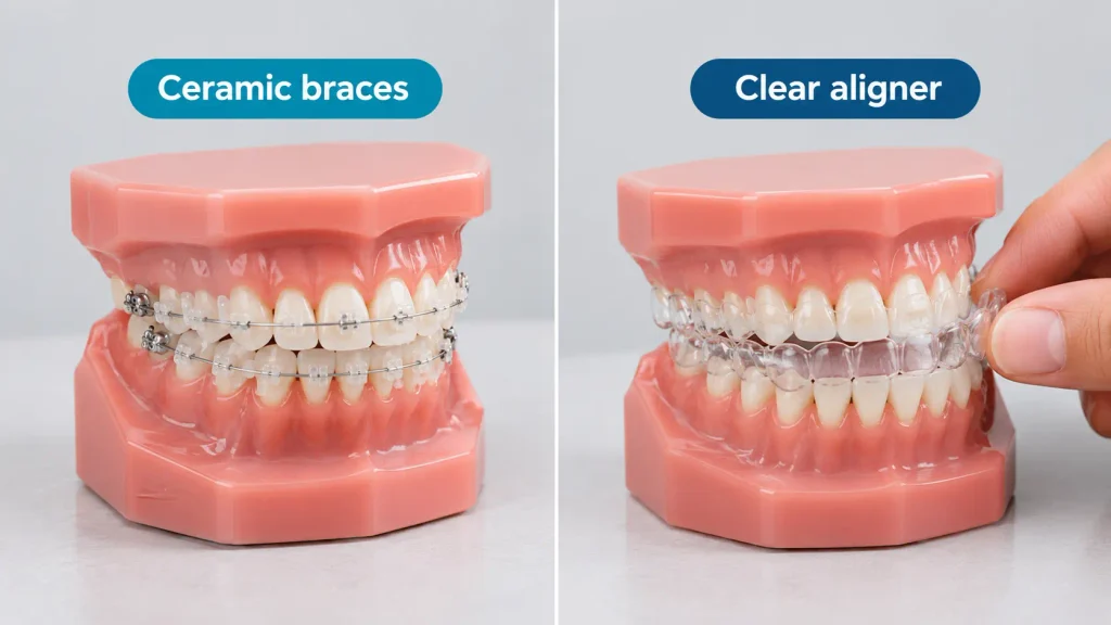Tooth crowding braces compared with a clear aligner for overlapping teeth