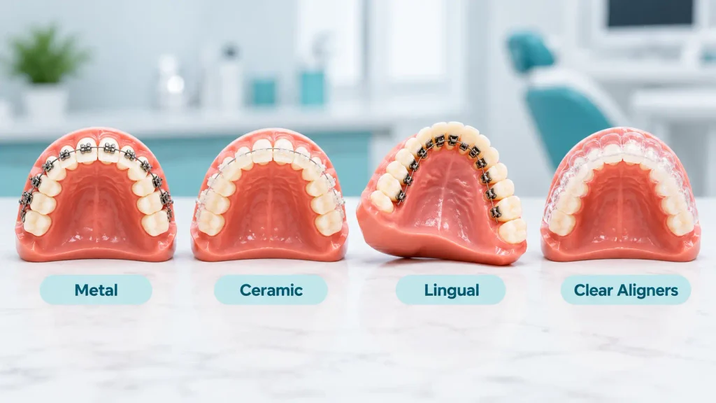 Types of braces compared on dental models: metal, ceramic, lingual braces and clear aligners