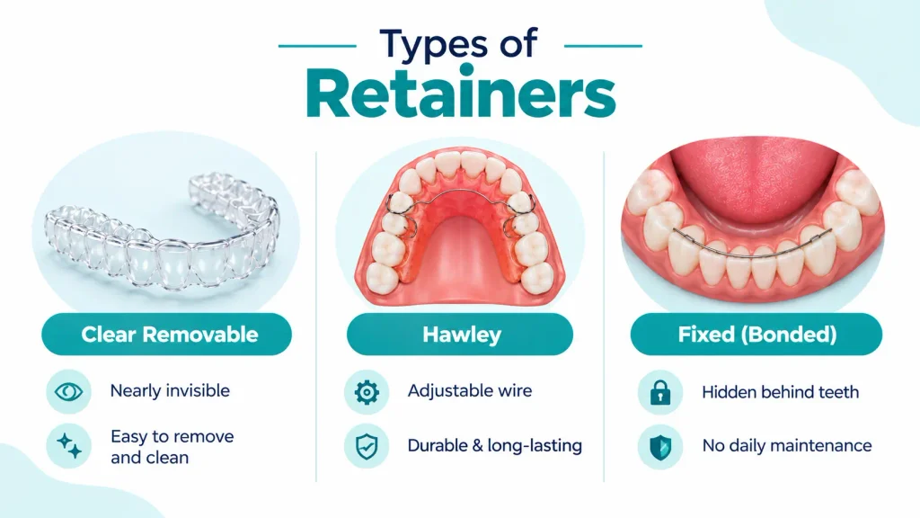Three types of orthodontic retainer – clear removable, Hawley and fixed bonded retainer